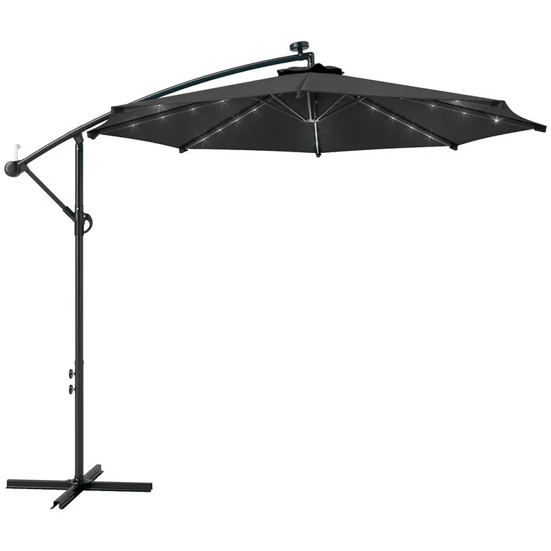 10' Solar Banana Umbrella With Lights & Adjustable Angle,, Black 1