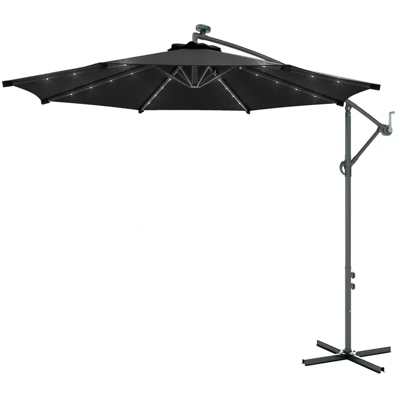10' Solar Banana Umbrella With Lights & Adjustable Angle,, Black 2