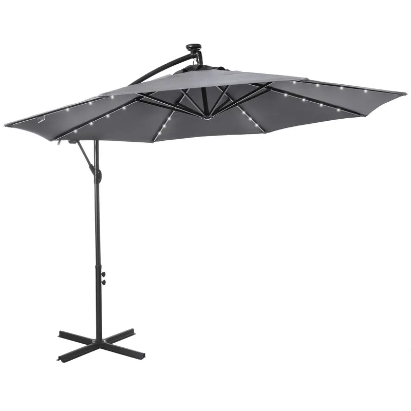 10' Solar Banana Umbrella With Lights & Adjustable Angle, Dark Gray 1