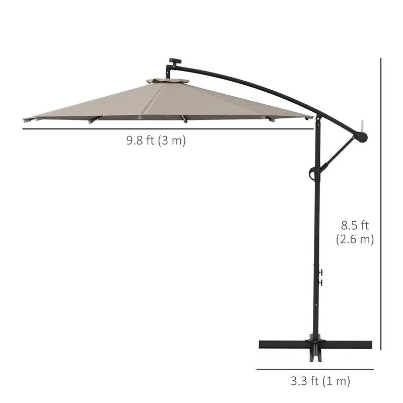 10' Solar Banana Umbrella With Lights & Adjustable Angle, Khaki 1