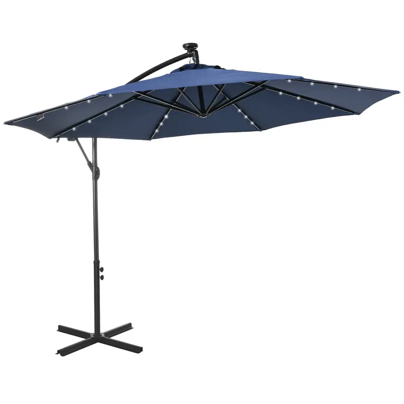 10' Solar Banana Umbrella With Lights & Adjustable Angle, Navy Blue 1