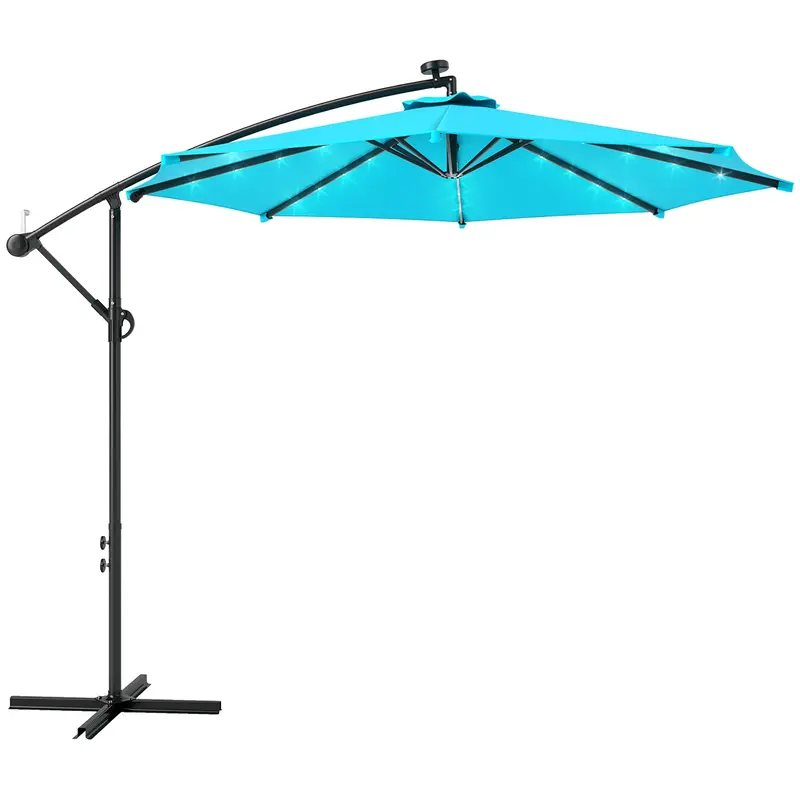 10' Solar Banana Umbrella With Lights & Adjustable Angle, Turquoise 1