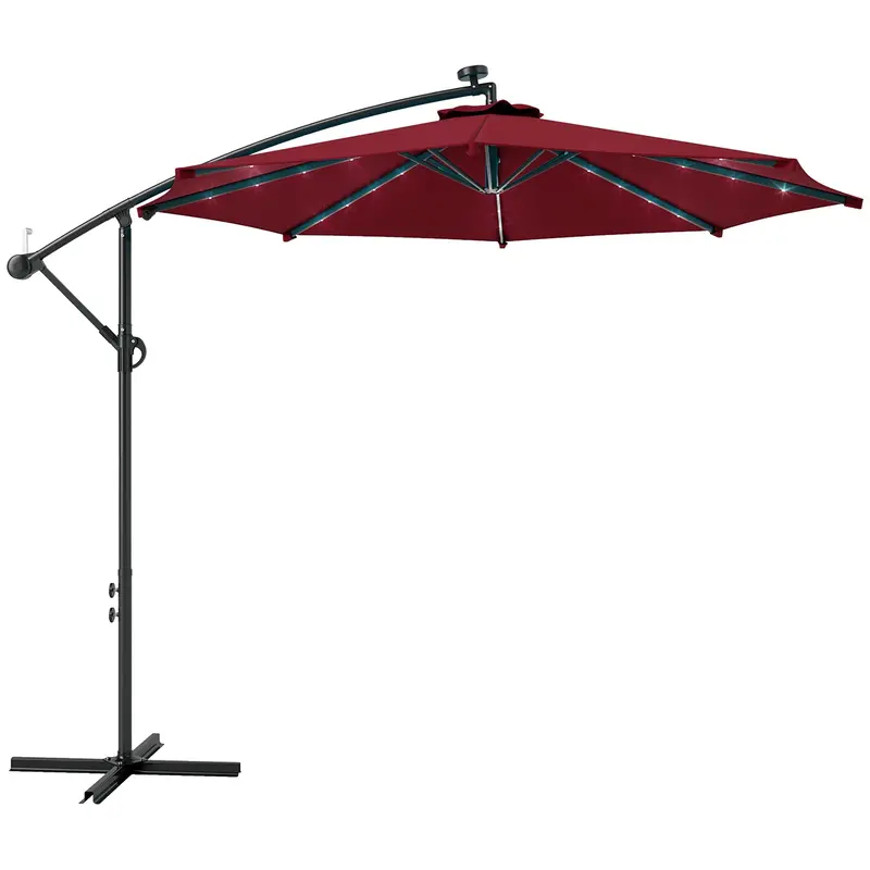 10' Solar Banana Umbrella With Lights & Adjustable Angle, Wine Red 1