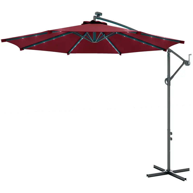 10' Solar Banana Umbrella With Lights & Adjustable Angle, Wine Red 2
