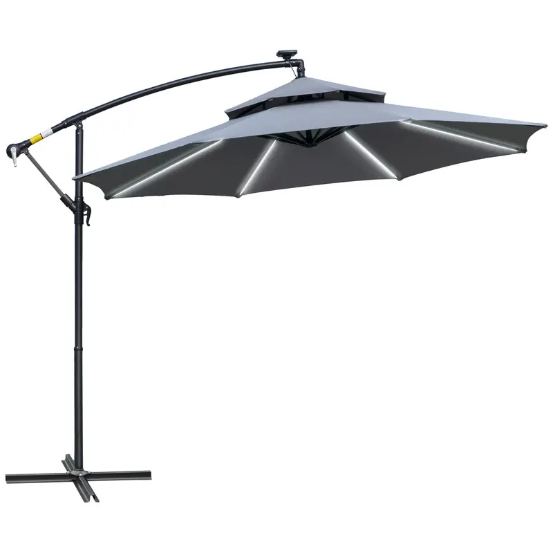 10' Solar Cantilever Umbrella With Led Lights, Grey 1