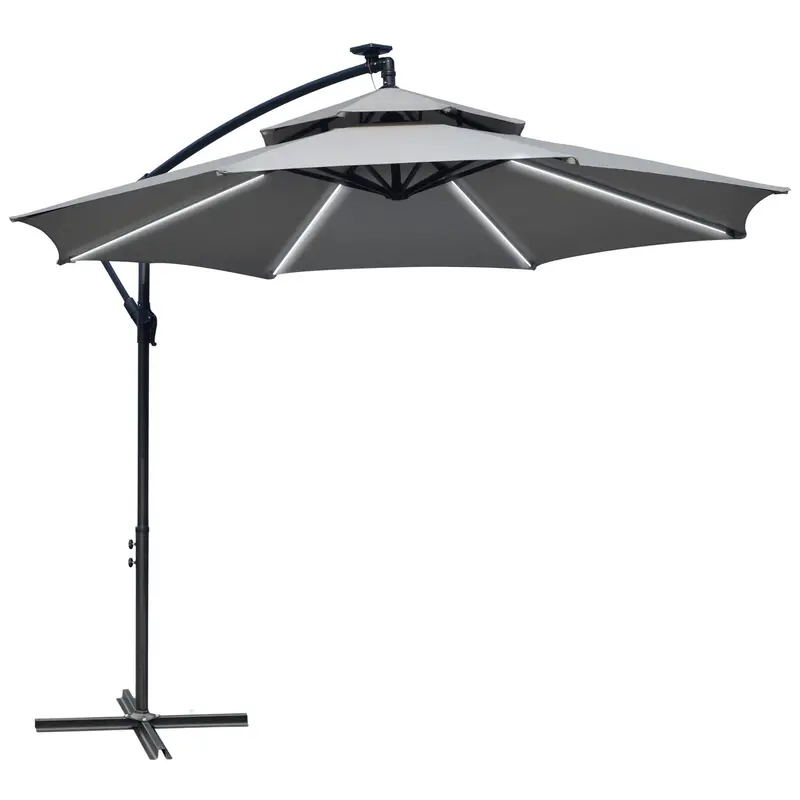 10' Solar Cantilever Umbrella With Led Lights, Light Grey 1