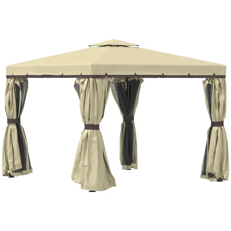 10' X 10' 2-Tier Gazebo With Zippered Mesh Walls & Aluminum Frame, Beige 1
