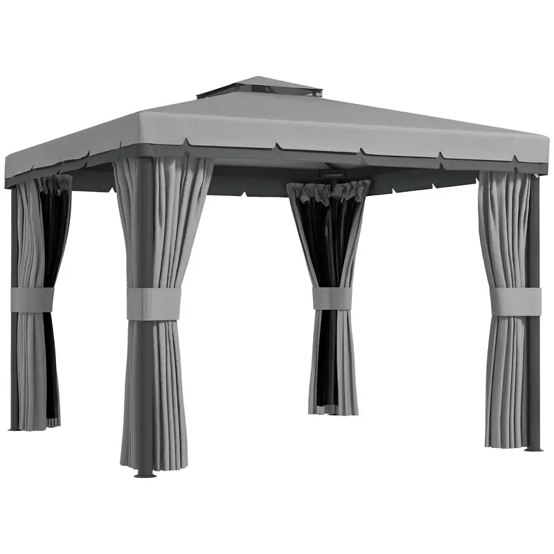 10' X 10' 2-Tier Gazebo With Zippered Mesh Walls & Aluminum Frame, Light Grey 1