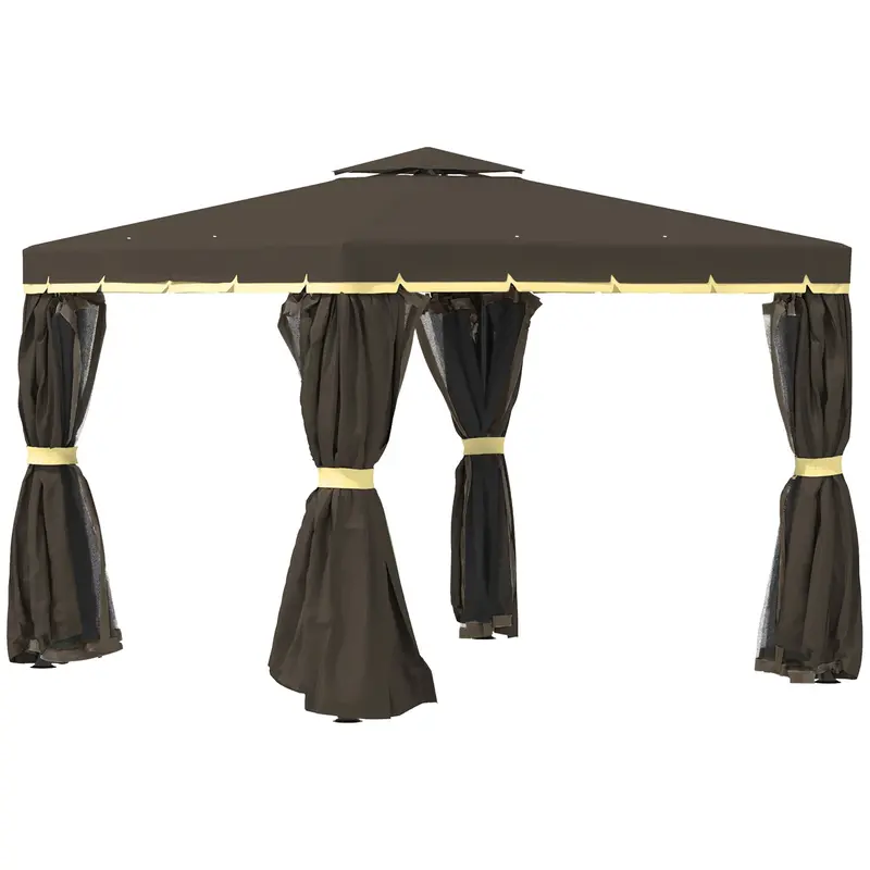 10' X 10' 2-Tier Gazebo With Zippered Mesh Walls & Aluminum Frame, Light Grey 1