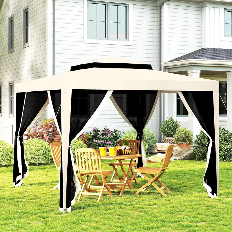 10' X 10' Canopy Tent With Mesh Netting And Double Tier Roof, Beige 1