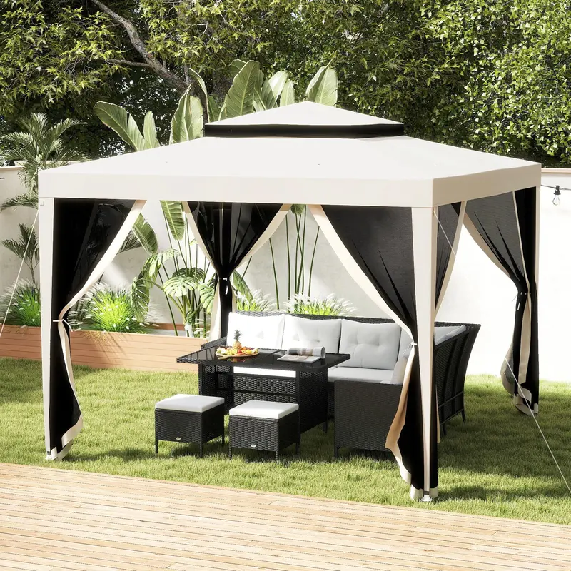 10' X 10' Canopy Tent With Mesh Netting And Double Tier Roof, Beige 2
