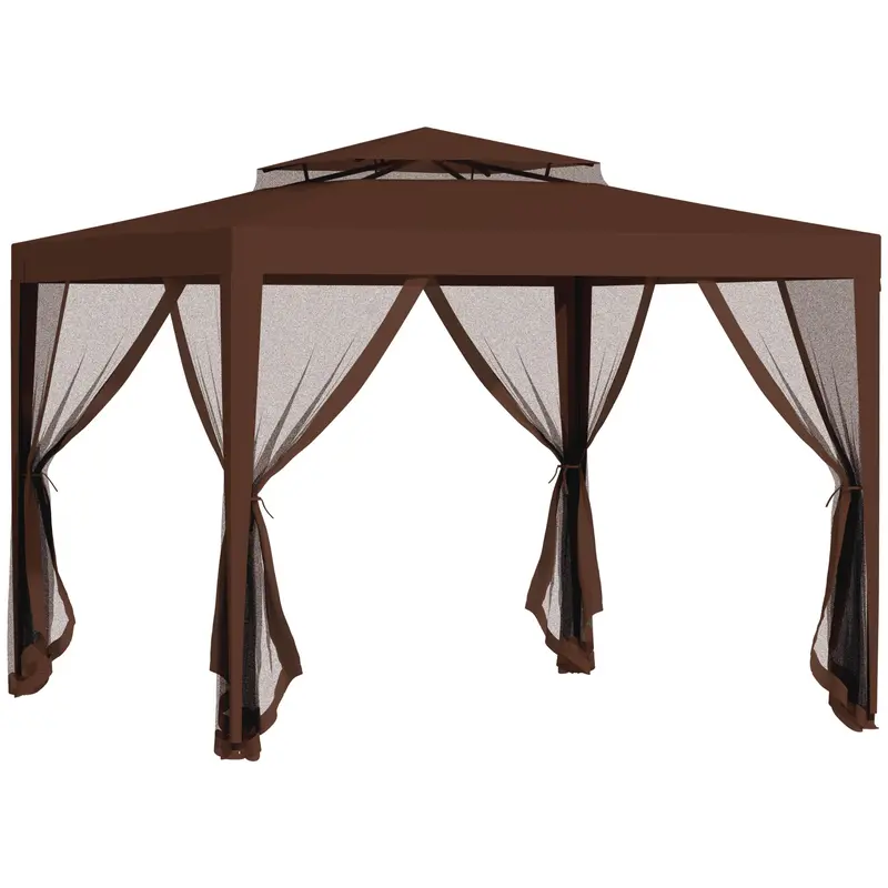 10' X 10' Canopy Tent With Mesh Netting And Double Tier Roof, Brown 1