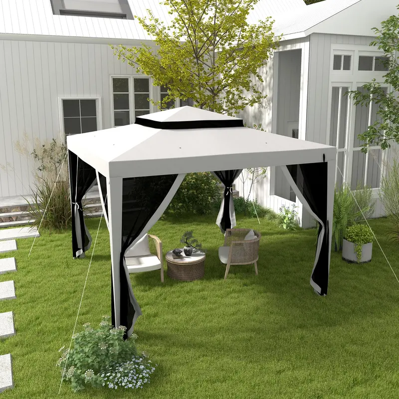 10' X 10' Canopy Tent With Mesh Netting And Double Tier Roof, Grey 2