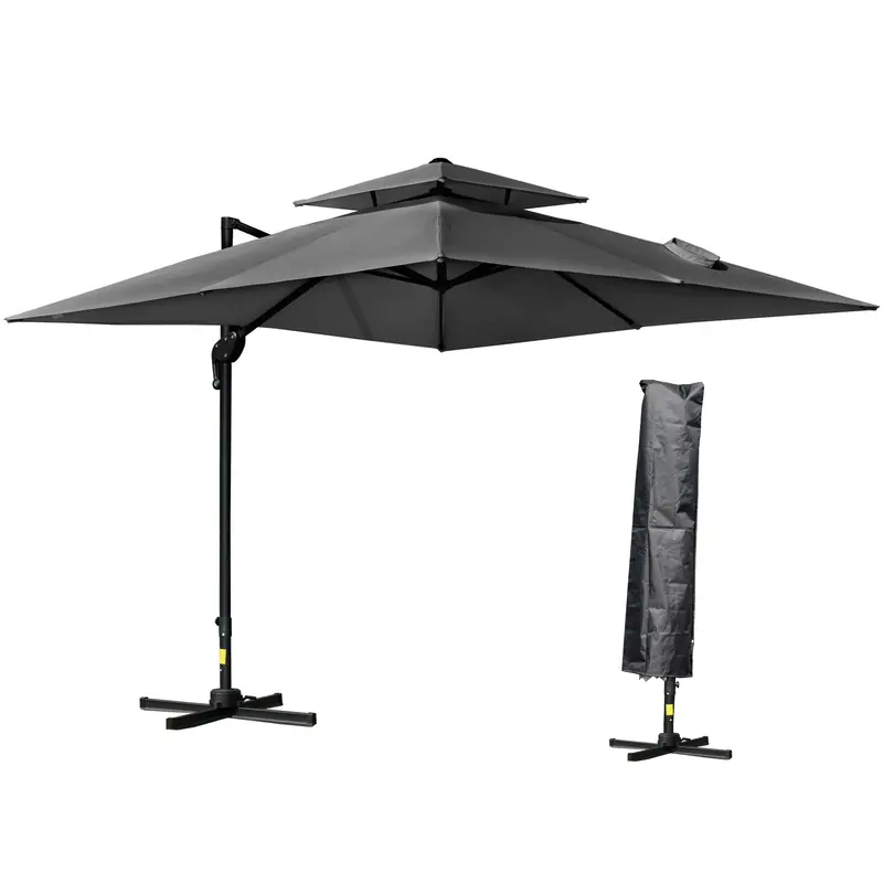 10' X 10' Double Top Square Offset Umbrella With Umbrella Cover, Charcoal Grey 1