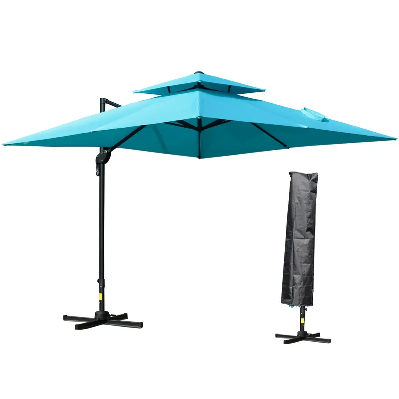10' X 10' Double Top Square Offset Umbrella With Umbrella Cover, Light Blue 1