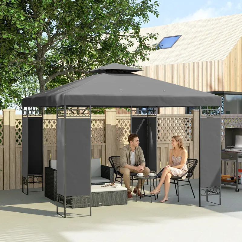 10 X 10 Ft Canopy Gazebo With Double Roof And Screen Panels, Dark Grey 2