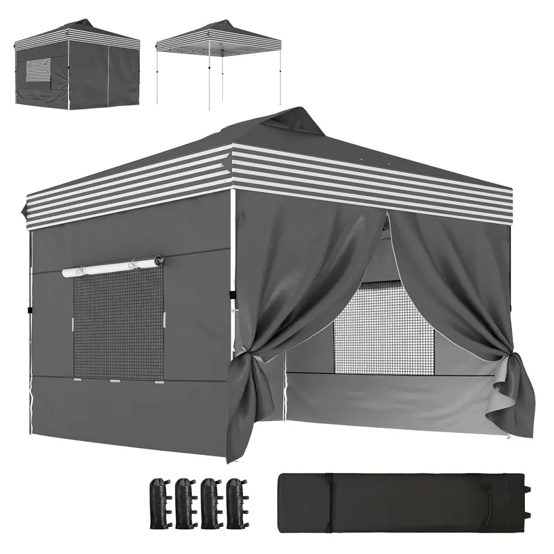10 X 10 Ft Pop Up Canopy Tent With 4 Sidewalls And Wheeled Bag, Dark Grey 1