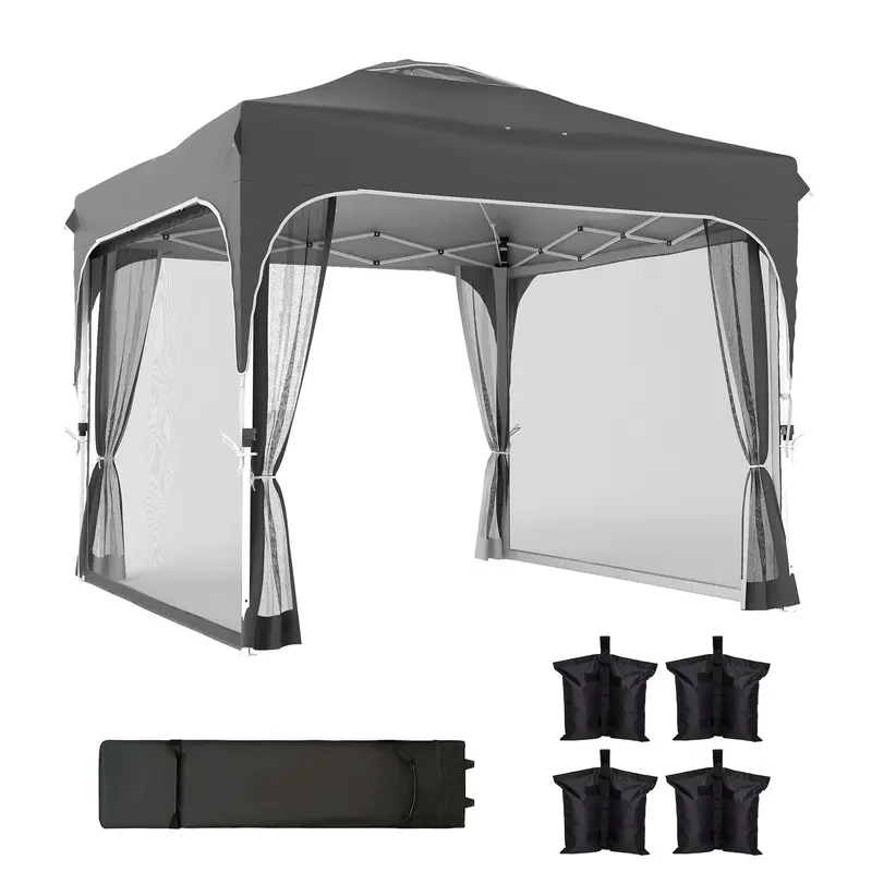 10 X 10 Ft Pop Up Canopy Tent With Mosquito Netting And Sandbags, Dark Grey 1
