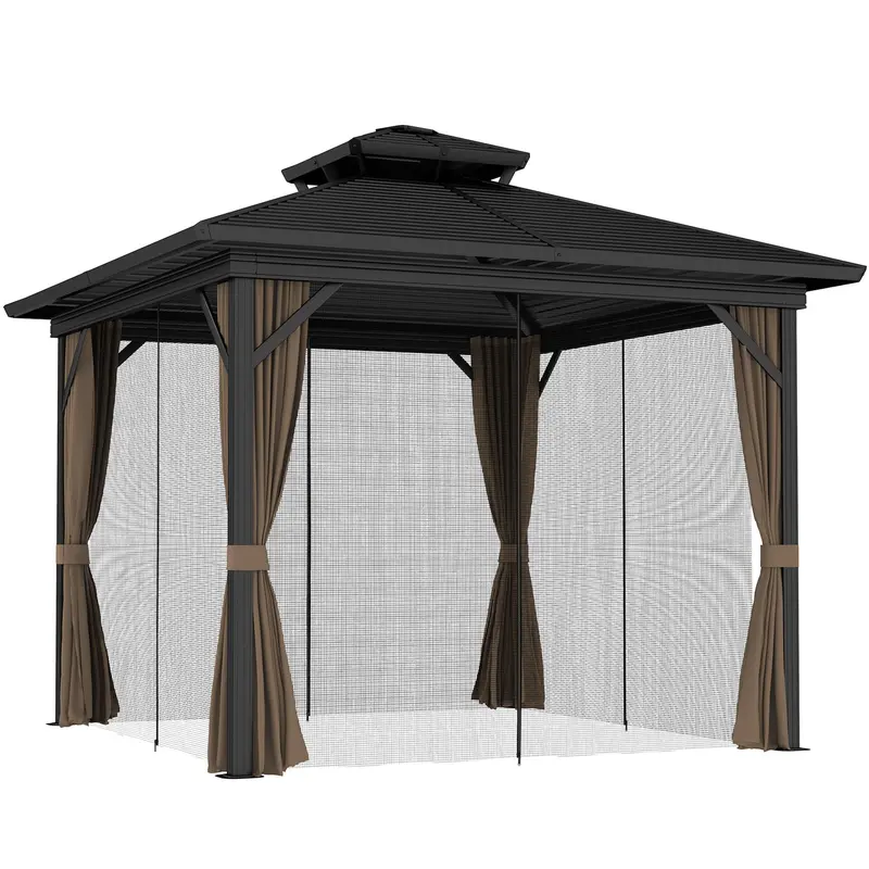 10' X 10' Hardtop Gazebo With Double Roof & Mosquito Netting, Dark Brown 1