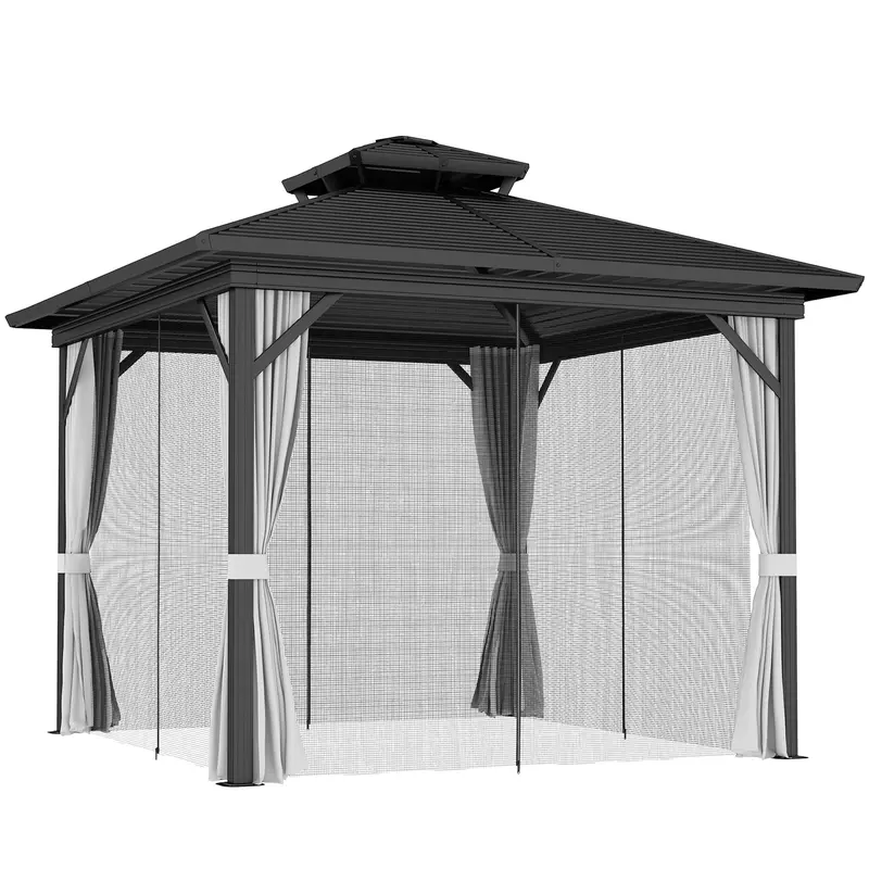 10' X 10' Hardtop Gazebo With Double Roof & Mosquito Netting, Light Grey 1