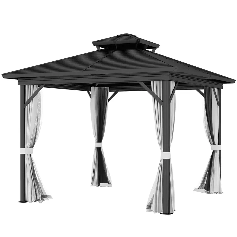 10' X 10' Hardtop Gazebo With Double Roof & Mosquito Netting, Light Grey 2