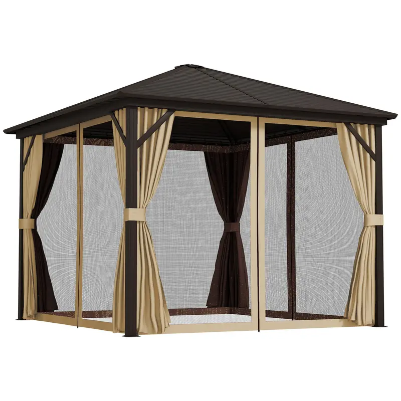 10' X 10' Hardtop Gazebo With Mosquito Netting & Aluminum Frame, Brown 1