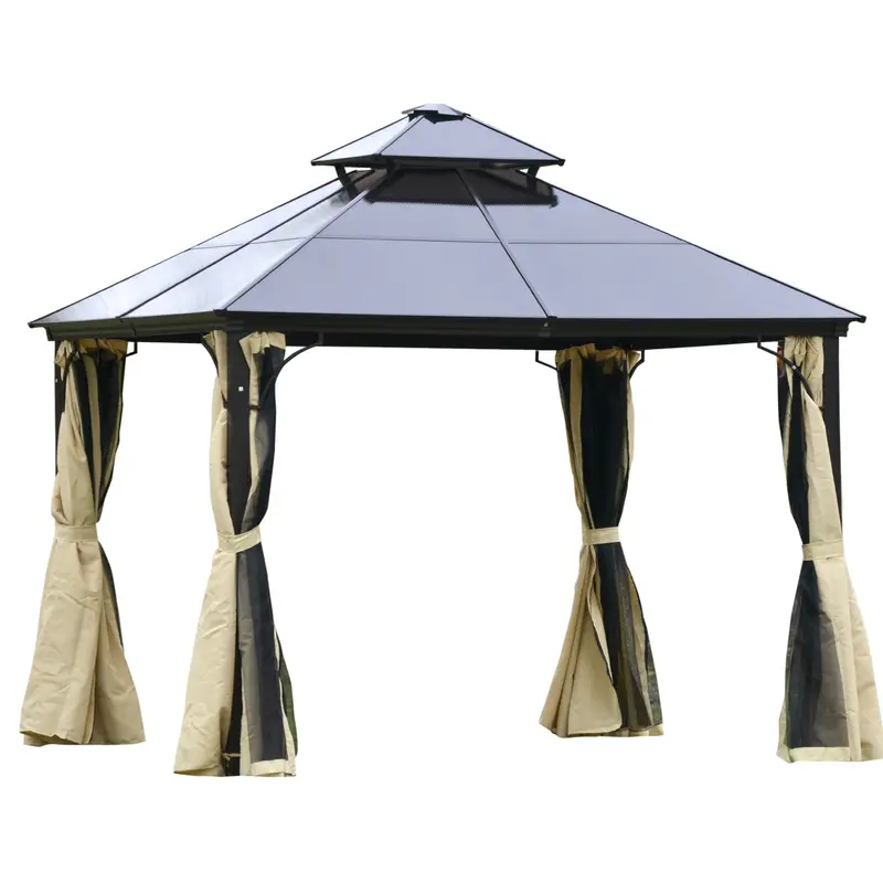 10' X 10' Hardtop Gazebo With Polycarbonate Roof & Netting, Beige 1