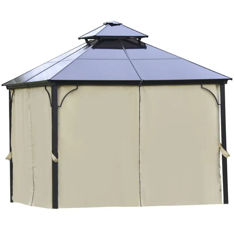 10' X 10' Hardtop Gazebo With Polycarbonate Roof & Netting, Beige 2