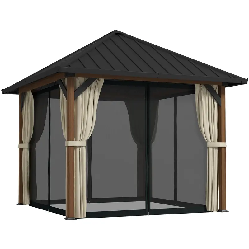 10' X 10' Hardtop Gazebo With Steel Roof & Netting, Wood Finish 1