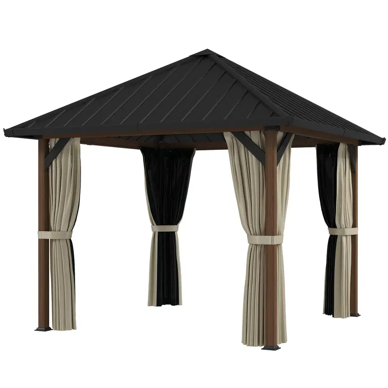 10' X 10' Hardtop Gazebo With Steel Roof & Netting, Wood Finish 2
