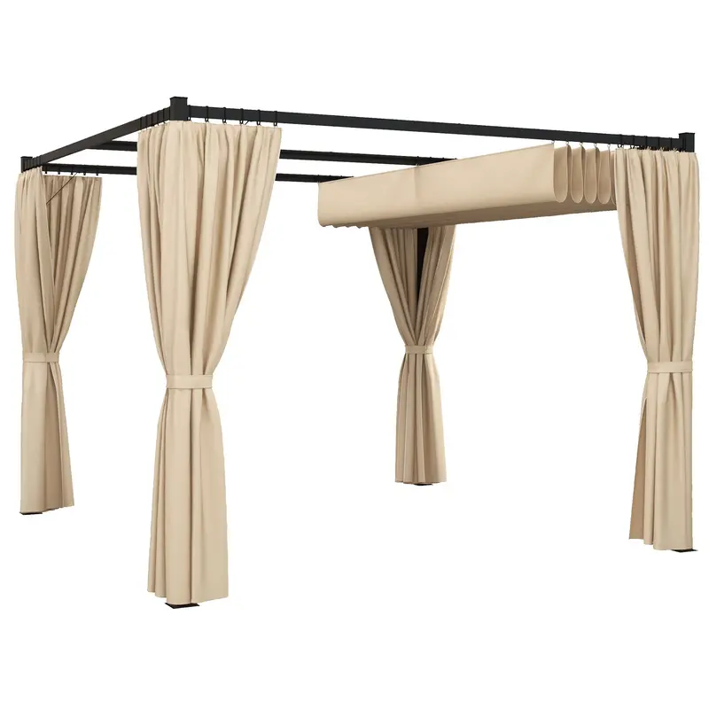 10' X 10' Pergola With Retractable Canopy & Curtains, Beige 1