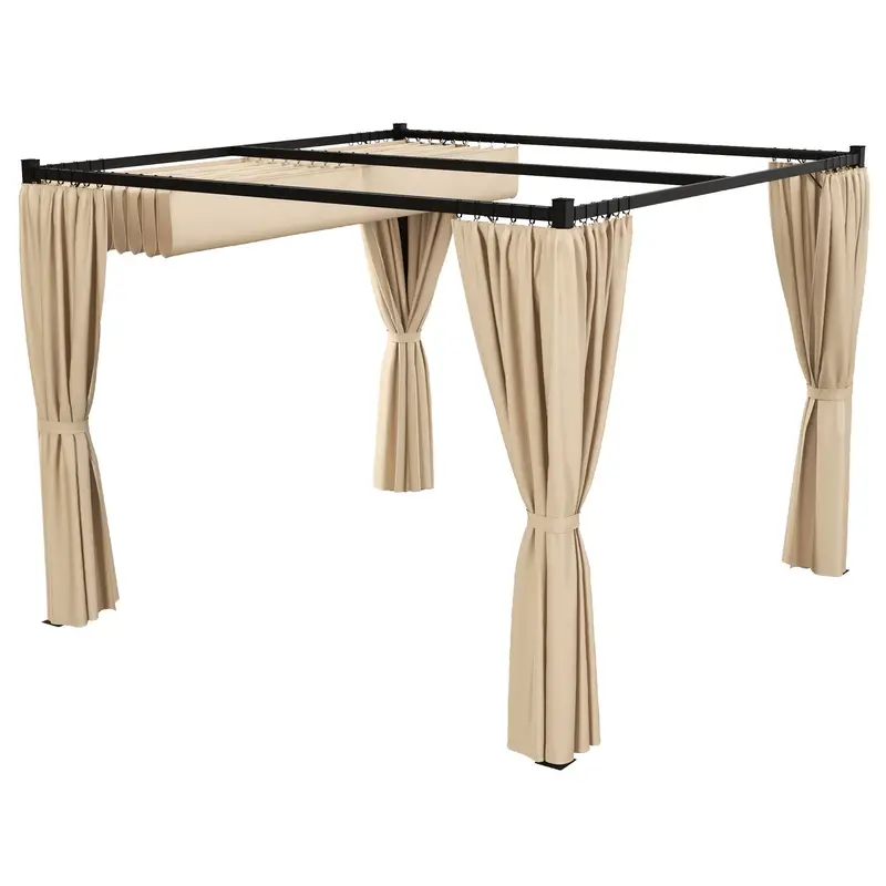 10' X 10' Pergola With Retractable Canopy & Curtains, Beige 2