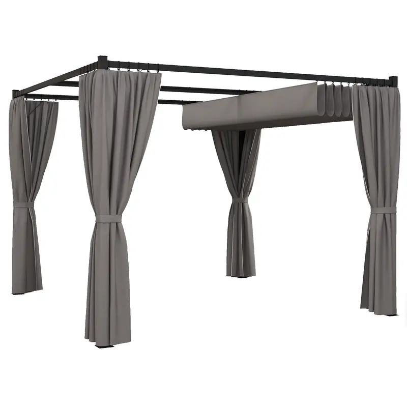 10' X 10' Pergola With Retractable Canopy & Curtains, Light Grey 1