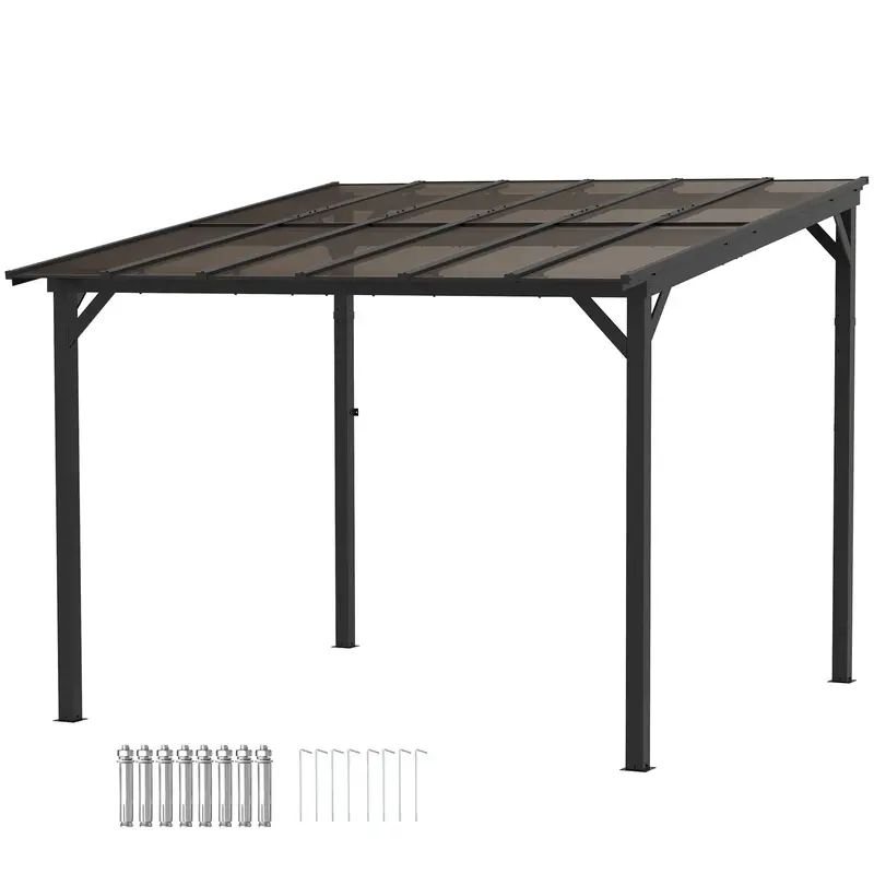 10' X 10' Wall-Mounted / Free Standing Outdoor Pergola With Polycarbonate Roof, Dark Grey 1