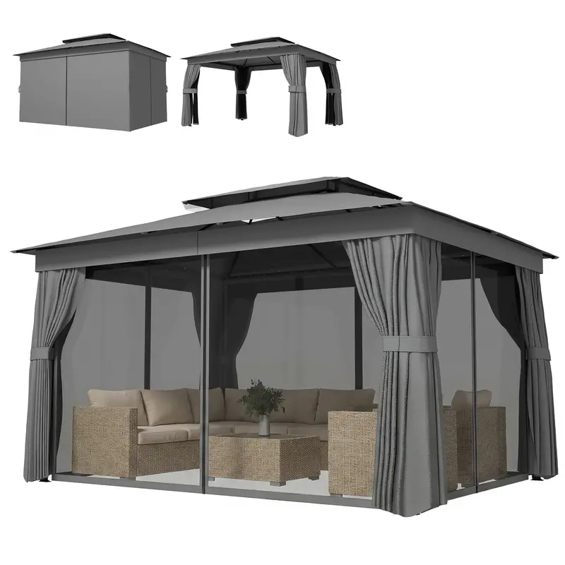10' X 12.5' Outdoor Gazebo With Double Roof, Curtains And Netting, Dark Grey 1
