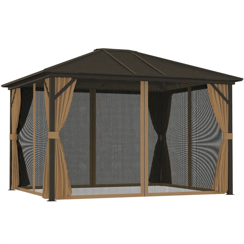 10' X 12' Deluxe Hardtop Gazebo With Metal Roof & Curtains, Coffee 1