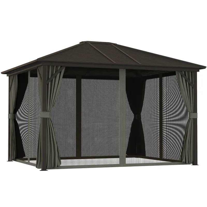 10' X 12' Deluxe Hardtop Gazebo With Metal Roof & Curtains, Grey 1