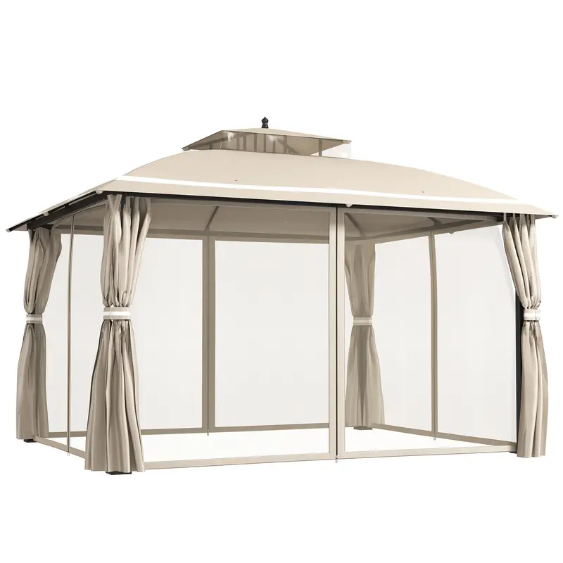 10' X 12' Double Roof Gazebo With Mosquito Netting & Curtains, Beige 1