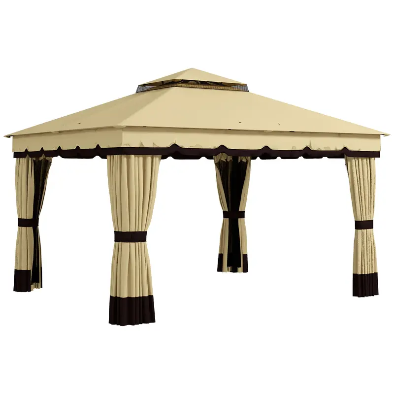 10' X 12' Double Roof Gazebo With Netting & Curtains, Beige 1