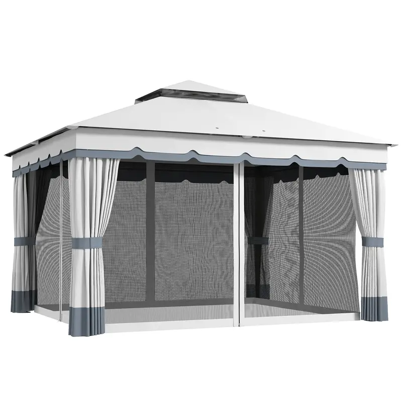 10' X 12' Double Roof Gazebo With Netting & Curtains, Light Grey 1