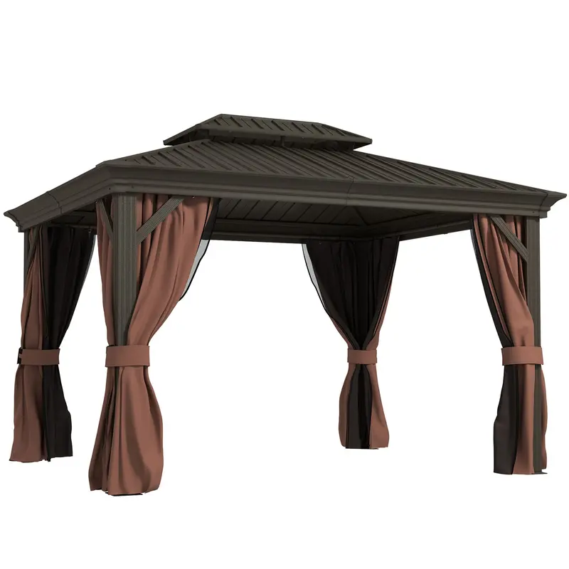 10' X 12' Double Roof Hardtop Gazebo With Netting And Curtains, Dark Brown 1