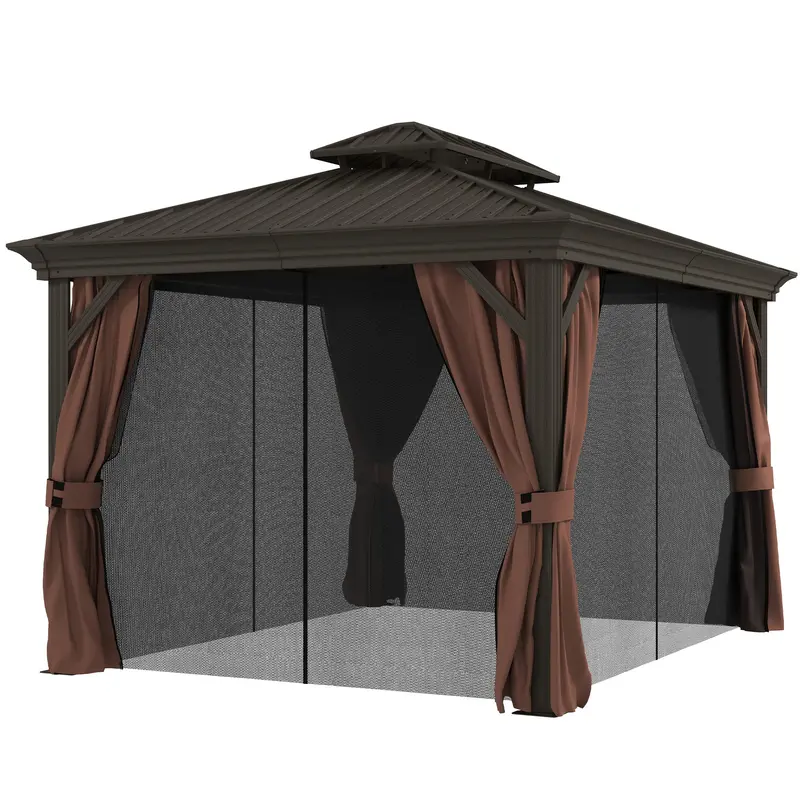 10' X 12' Double Roof Hardtop Gazebo With Netting And Curtains, Dark Brown 2