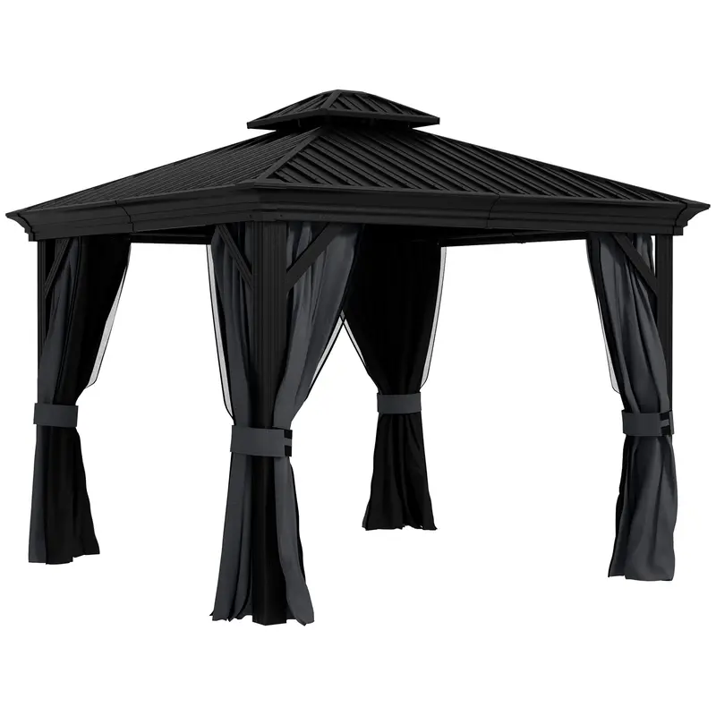 10' X 12' Double Roof Hardtop Gazebo With Netting And Curtains, Dark Grey 1