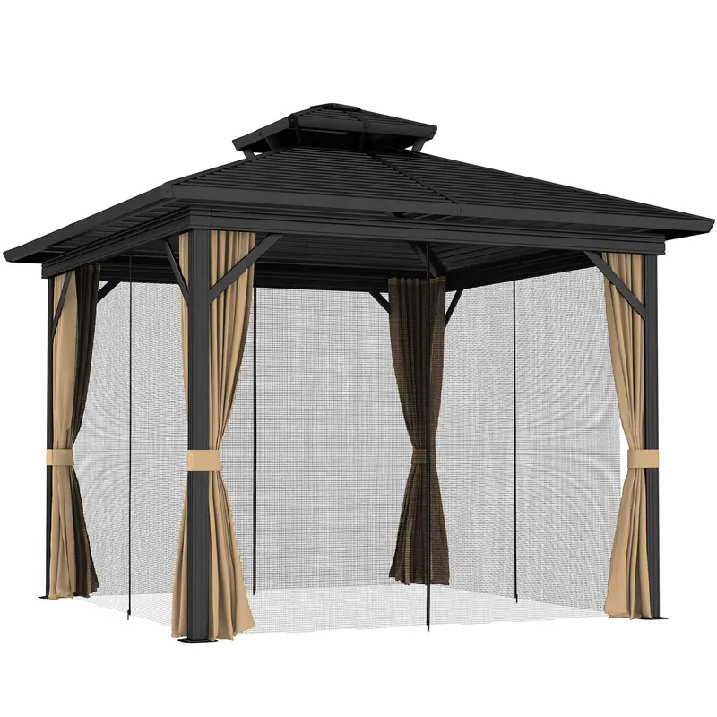 10' X 12' Hardtop Gazebo With Double Roof & Mosquito Netting, Dark Brown 1