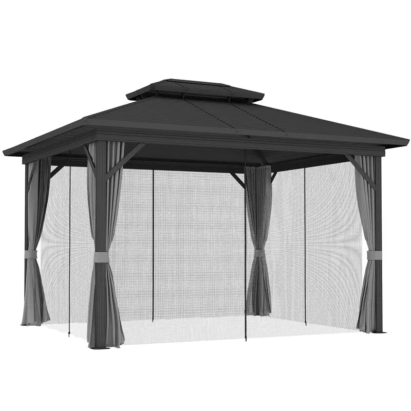 10' X 12' Hardtop Gazebo With Double Roof & Mosquito Netting, Light Grey 1