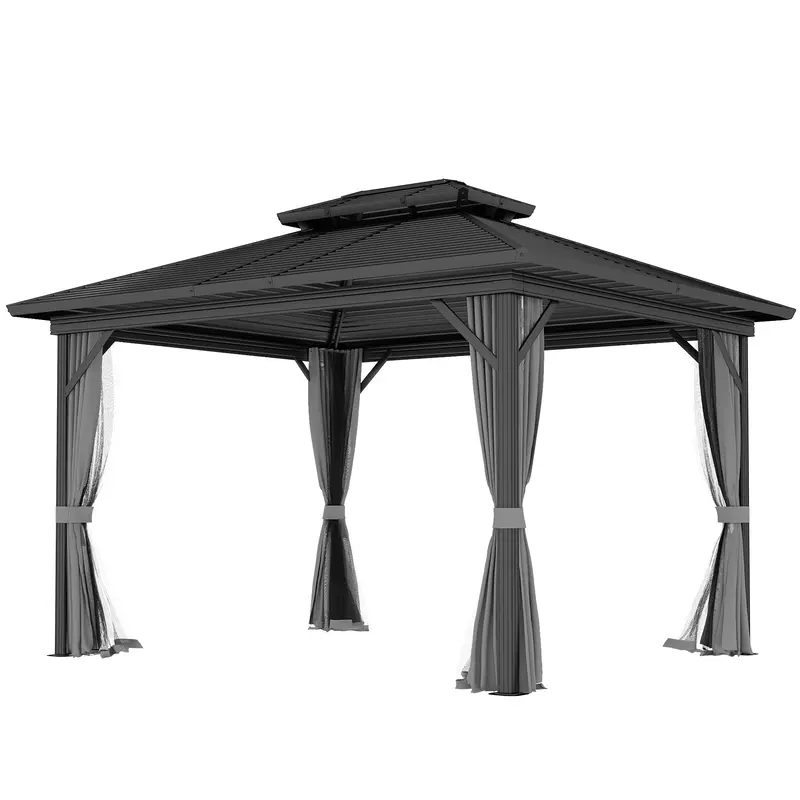 10' X 12' Hardtop Gazebo With Double Roof & Mosquito Netting, Light Grey 2