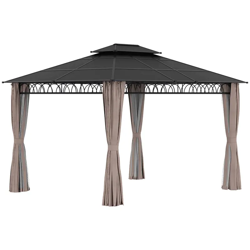 10' X 12' Outdoor Gazebo Canopy With Polycarbonate Roof, Nettings And Curtains, Khaki 1