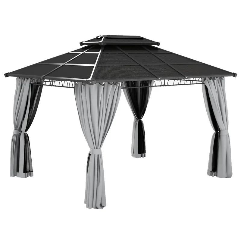 10' X 12' Outdoor Gazebo Canopy With Polycarbonate Roof, Nettings And Curtains, Light Grey 1