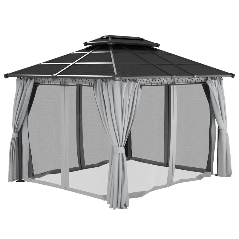 10' X 12' Outdoor Gazebo Canopy With Polycarbonate Roof, Nettings And Curtains, Light Grey 2