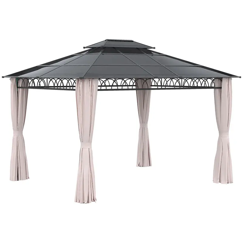 10' X 12' Outdoor Gazebo Canopy With Polycarbonate Roof, Nettings And Curtains, Light Khaki 1